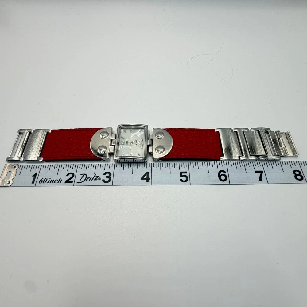 GG Quartz Japan Movt Watch Red Faux Leather Strap Mother of Pearl Dial Vintage